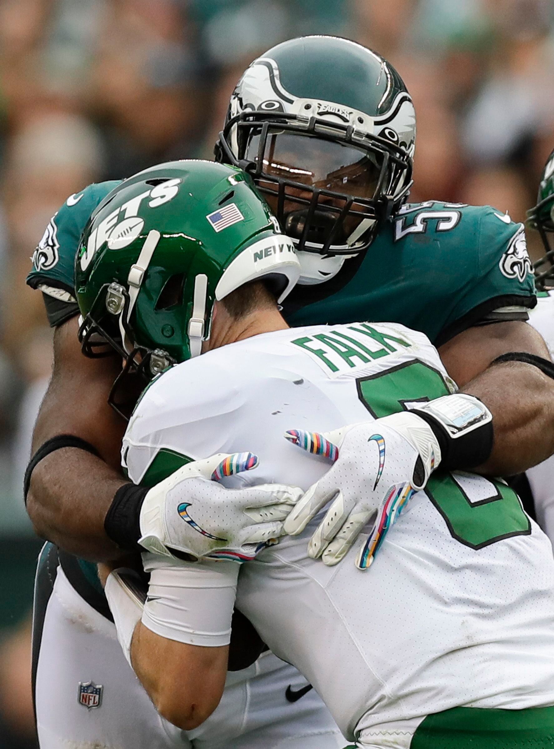 Eagles Brandon Graham sacks New York Jets quarterback Luke Falk in the  first quarter