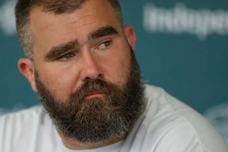 Eagles center Jason Kelce speaks with reporters after a joint practice with the Colts on Tuesday.