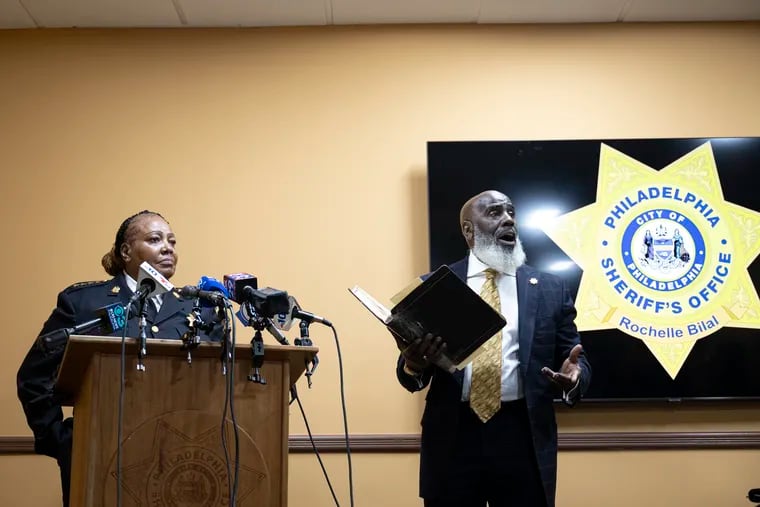 Sheriff Rochelle Bilal, seen at a September 2023 news conference with her top legal adviser, Undersheriff Tariq El-Shabazz, had repeatedly refuted reports of massive delays in processing deeds after sheriff sales. On Wednesday, the Sheriff's Office conceded that there have, in fact, been delays they were unaware of.