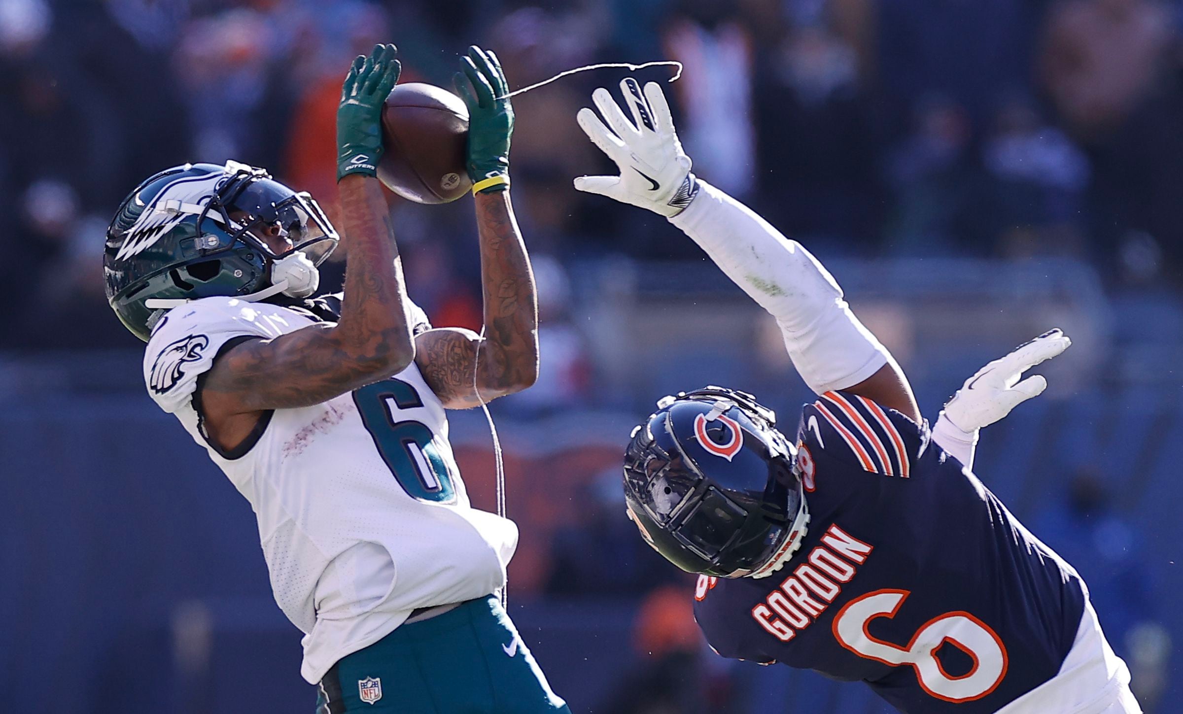 December 18, 2022: Chicago Bears quarterback #1 Justin Fields is sacked by  Eagles #7 Haason Reddick during a game against the Philadelphia Eagles in  Chicago, IL. Mike Wulf/CSM/Sipa USA(Credit Image: © Mike