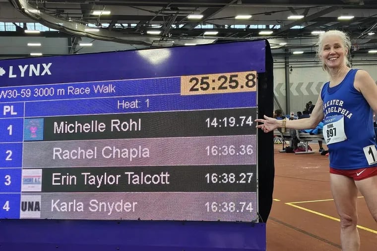 Michelle Rohl in March after competing in her first race walk in 20 years. She set the world record in the women’s 55 and older 5K race walk.