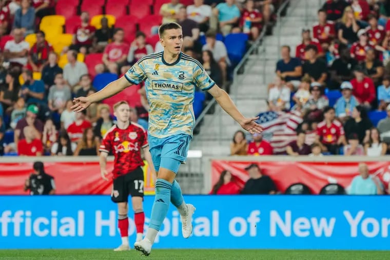 Mikael Uhre celebrates after scoring his 10th goal of the year in the Union's 2-0 win at the New York Red Bulls on Saturday.