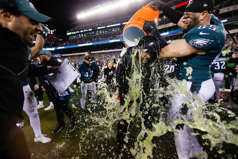 Philadelphia Eagles head coach Nick Sirianni gets the gatorade bath at the end of the NFC Championship game against the San Francisco 49ers at Lincoln Financial Field on Sunday, Jan. 29, 2023, in Philadelphia. Final score