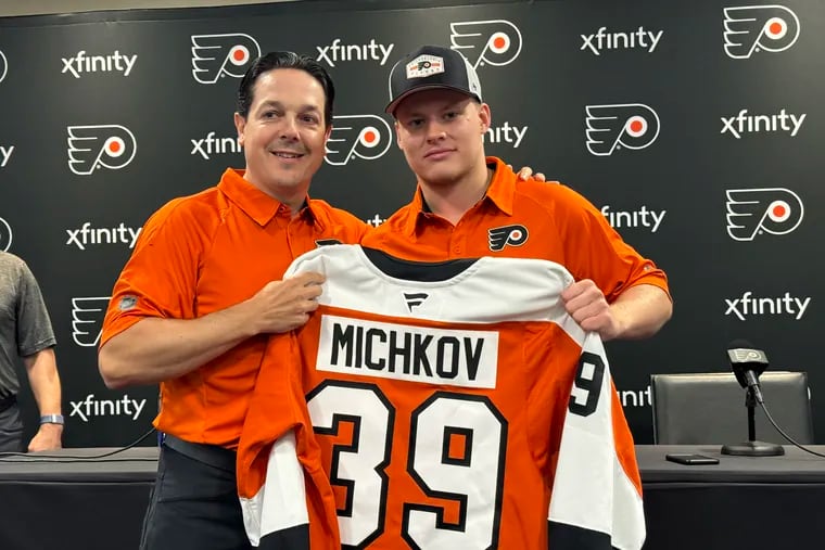 General manager Danny Brière (left) didn't expect Matvei Michkov to come to the Flyers so soon, but he says "it's a great break" to have the 19-year-old winger earlier than planned.