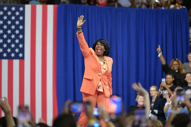 Philadelphia Mayor Cherelle Parker waves to the crowd at a rally for Vice President Kamala Harris at Temple University on Tuesday.