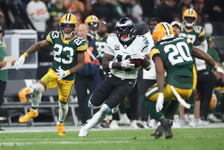 Eagles wide receiver A.J. Brown (center) led the team in receiving yards in its season-opening win.