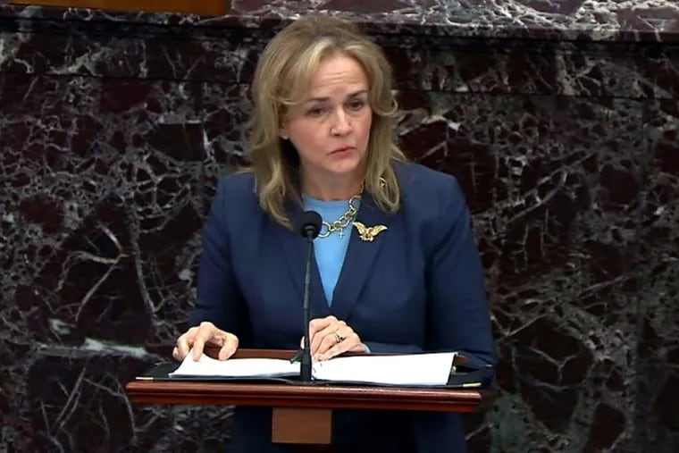 U.S. Rep. Madeleine Dean (D., Pa.) delivers closing arguments in then-President Donald Trump's second impeachment trial in February. Dean said Tuesday that she won't run for Senate in 2022.