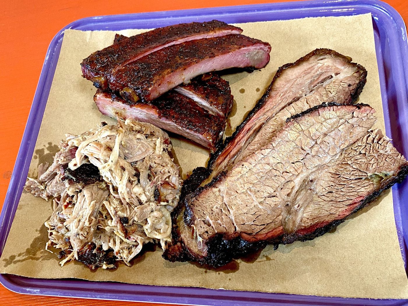 Brisket, pulled pork, and pork ribs from the Ole Hickory smoker at Zig Zag BBQ in Kensington.