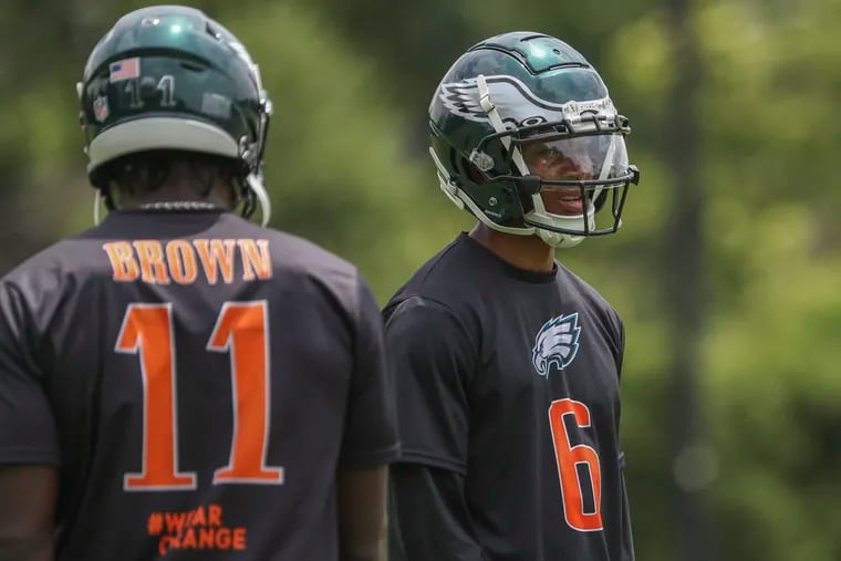 Philadelphia Eagles wide receivers DeVonta Smith (6) and A.J. Brown (11) run drills during OTAs as the NovaCare Complex in South Philadelphia on Friday, June 3, 2022.