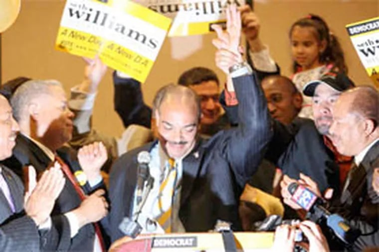 R. Seth Williams, Democratic candidate for Philadelphia district attorney, with supporters in West Philadelphiaa after winning the nomination. (Yong Kim / Staff Photographer)