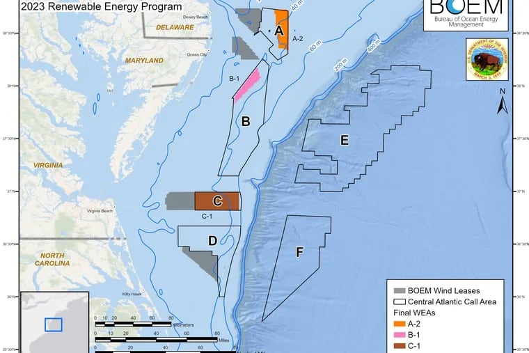 Map shows lease areas for offshore wind announced July 31, 2023, by the federal Bureau of Ocean Energy Management. The areas are off Delaware, Maryland, and Virginia. If fully developed, the areas could support 4 and 8 gigawatts of energy production.