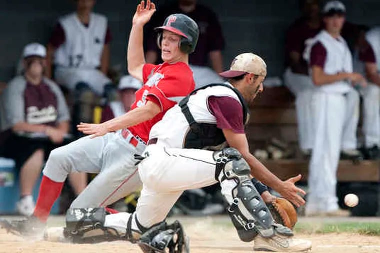 Parkland's Joe Abeln slides home to score past St. Joseph's Prep catcher Ray Toto in the first. Toto later homered.