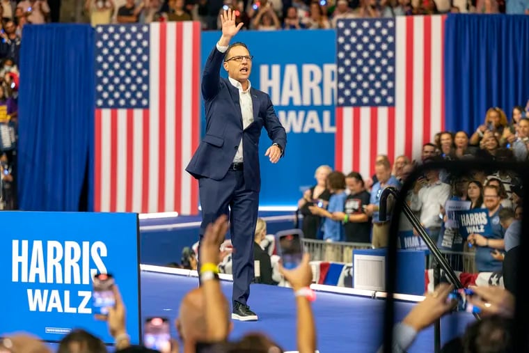 Pennsylvania Gov. Josh Shapiro arrives to speak before Vice President Kamala Harris appeared in Philadelphia with her running mate, Minnesota Gov. Tim Walz.