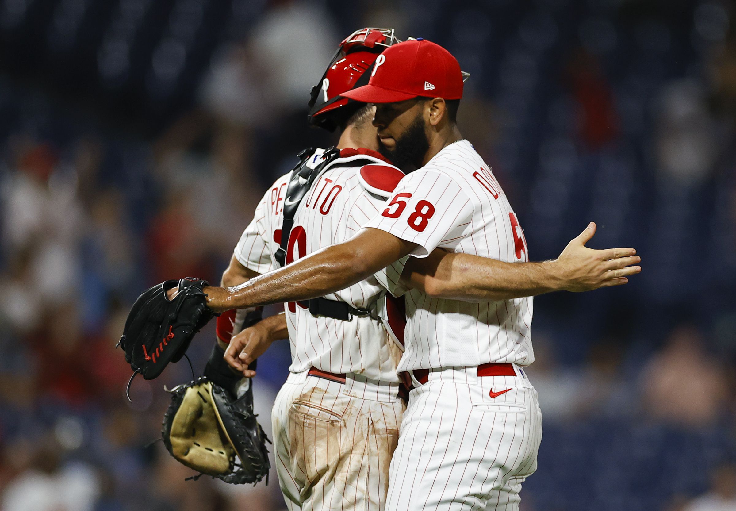 Philadelphia Phillies relief pitcher Seranthony Dominguez (58) in action  during the first baseball game of a