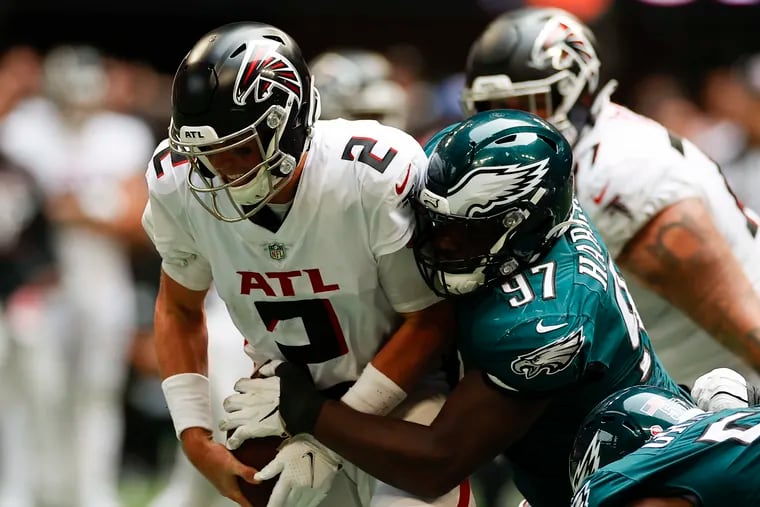 Eagles nose tackle Javon Hargrave sacks Atlanta Falcons quarterback Matt Ryan during the fourth quarter.