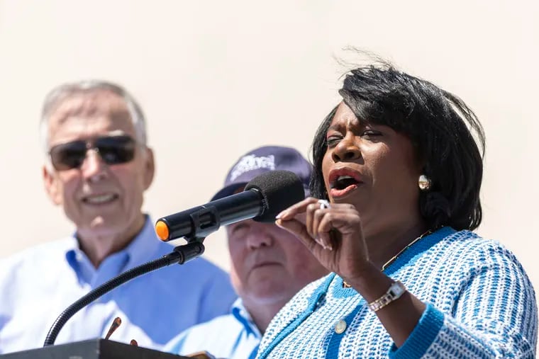 Mayor Cherelle L. Parker speaks during a news conference in Northeast Philadelphia on Wednesday, where she said keeping the 76ers in the city is a priority.