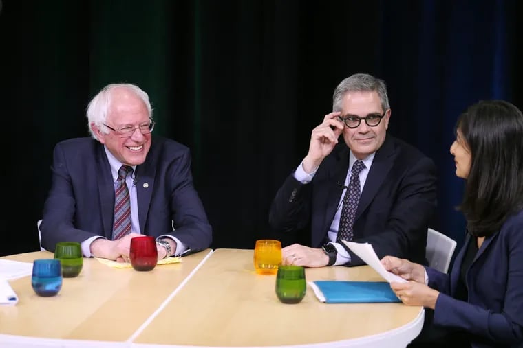 Bernie Sanders (left) appears on Criminal Justice Reform Roundtable, a panel with Philadelphia District Attorney Larry Krasner (center) and other criminal justice reformers at Philadelphia Community Access Media on Friday, May 4, 2018.