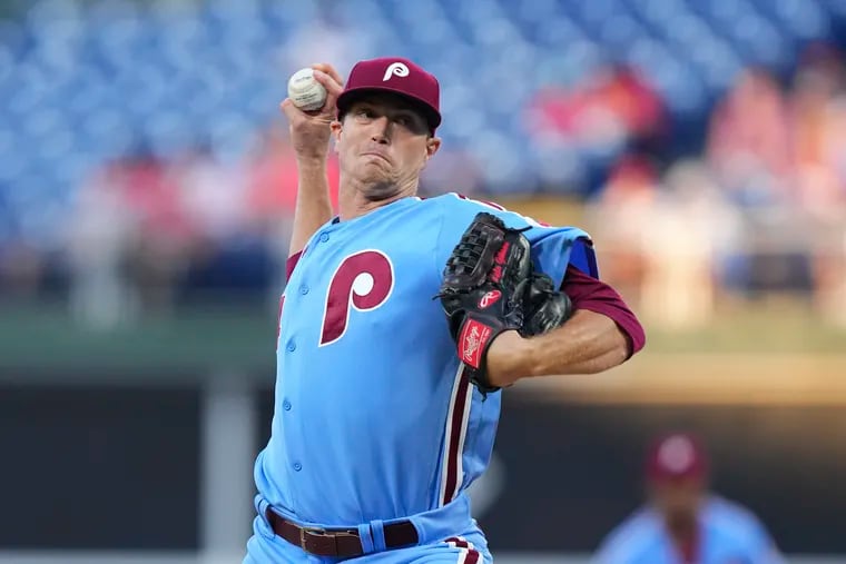 Kyle Gibson of the Philadelphia Phillies throws a pitch in the top of the first inning against the Miami Marlins at Citizens Bank Park on September 8, 2022 in Philadelphia, Pennsylvania. (Photo by Mitchell Leff/Getty Images)