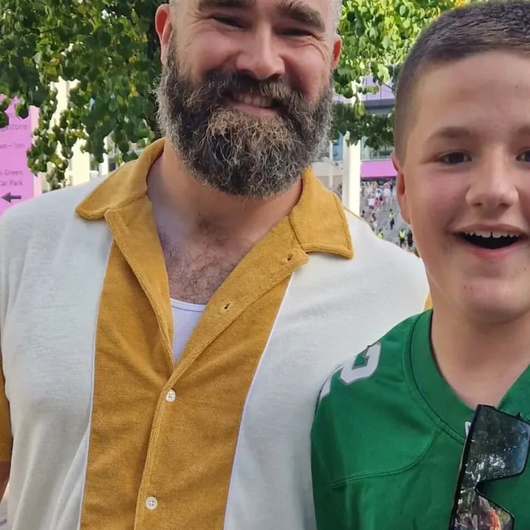 Aiden Walker, 13, with Jason Kelce outside Wembley Stadium in London at the Eras Tour on June 22. Kelce surprised Aiden, who wore a kelly green Kelce jersey to the show, in a clip that quickly went viral on social media.