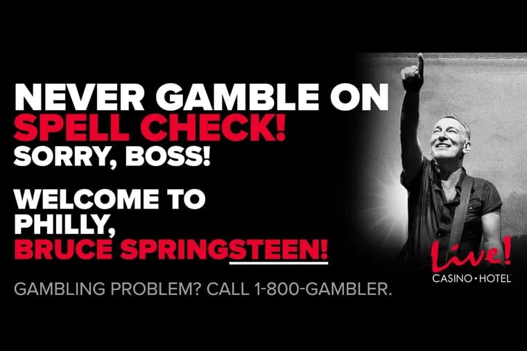 A new billboard apologizing to Bruce Springsteen is displayed at South Philadelphia's Live! Casino on Thursday, Aug. 22, 2024, after they ran one that misspelled The Boss's last name.