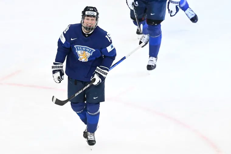 Finland's Konsta Helenius celebrates after scoring during the IIHF World Junior Championship in January.