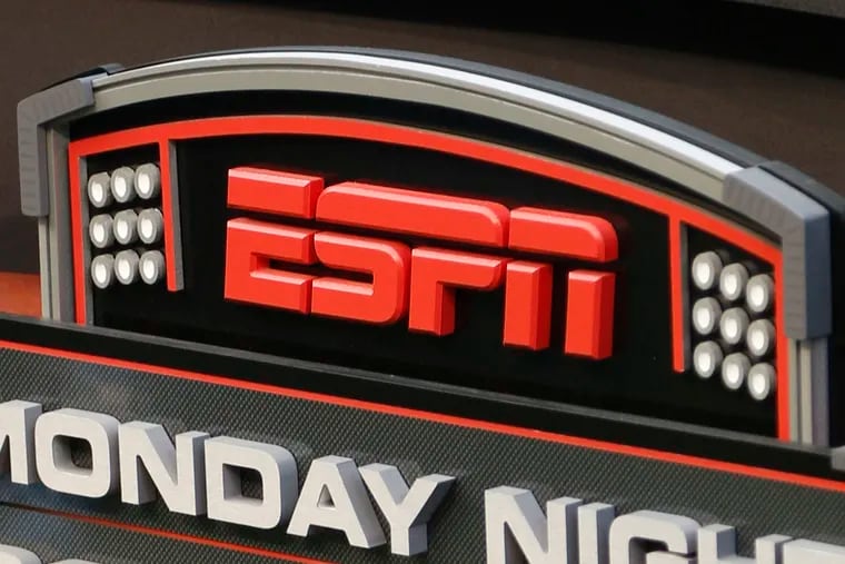 FILE - This Sept. 16, 2013, file photo shows the ESPN logo prior to an NFL football game between the Cincinnati Bengals and the Pittsburgh Steelers, in Cincinnati. ESPN, Fox and Warner Bros. Discovery announced plans on Tuesday, Feb. 6, 2024 to launch a sports streaming platform in the fall that will include offerings from at least 15 networks and all four major professional sports leagues. (AP Photo/David Kohl, File)