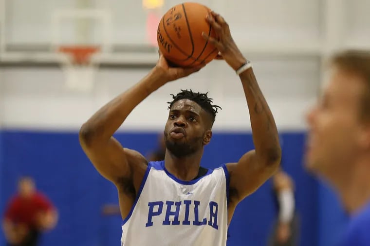 The Sixers’ Nerlens Noel takes a shot during training camp at Stockton University in Galloway, N.J. on Tuesday, Sept. 27, 2016.
