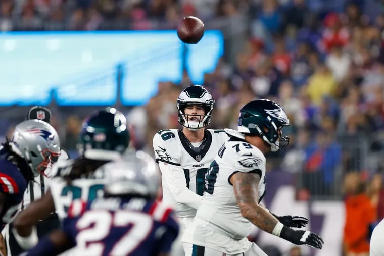 Eagles quarterback Tanner McKee throws a pass in the third quarter, Thursday, Aug. 15, 2024, in Foxborough, Mass.