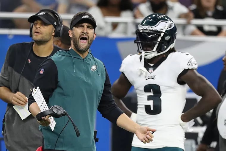 Eagles head coach Nick Sirianni reacts to a penalty in the second quarter as the Birds play the Lions in Detroit on Sunday.