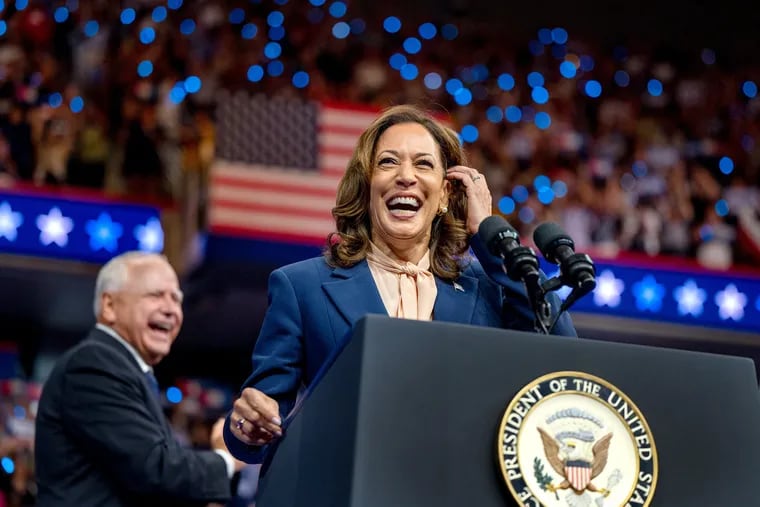 Vice President Harris, the Democratic presidential nominee, and her running mate, Minnesota Gov. Tim Walz, appear at a campaign rally at Temple University's Liacouras Center Tuesday, Aug. 6, 2024.