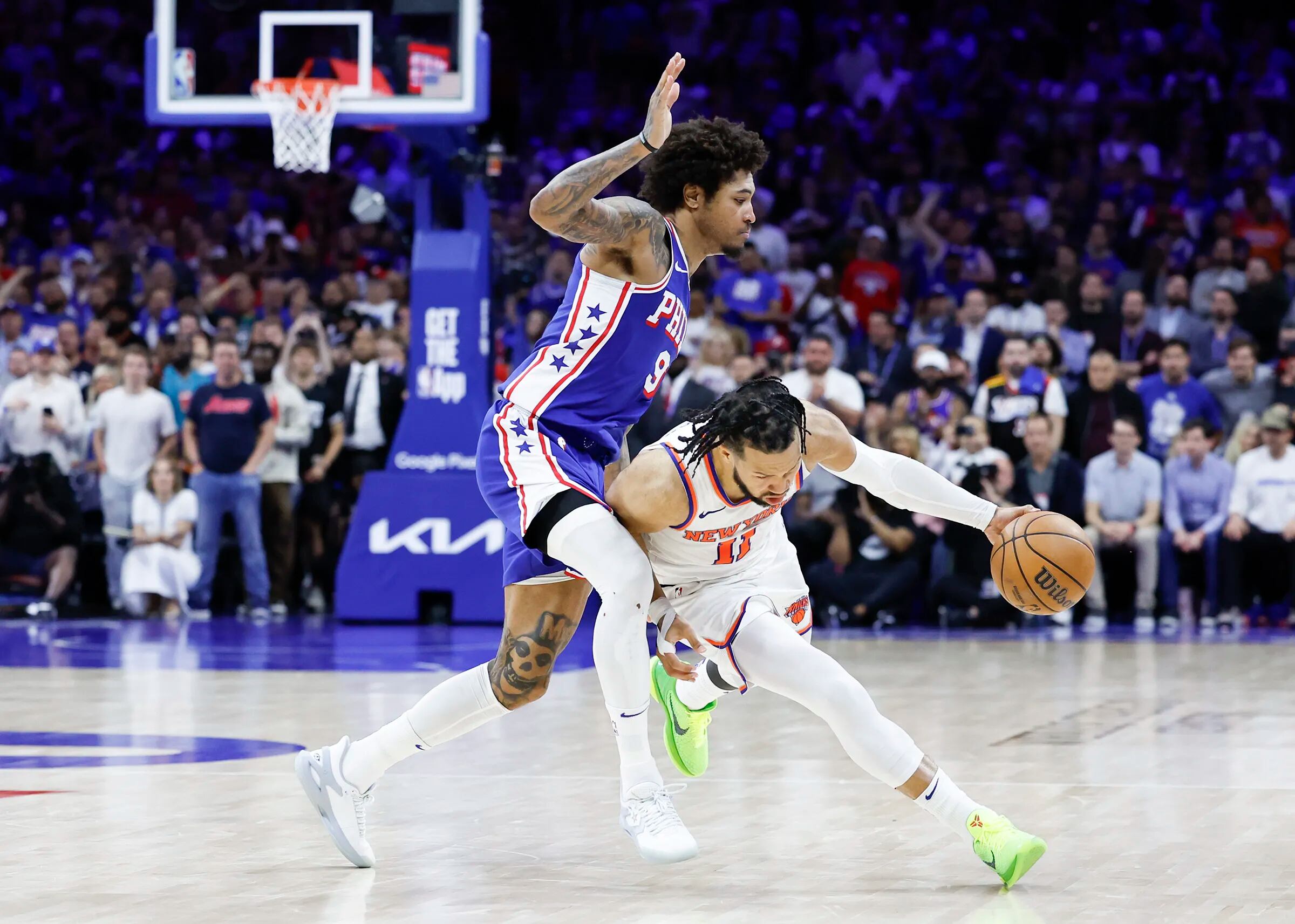 Sixers guard Kelly Oubre Jr. defends as New York Knicks guard Jalen Brunson drives during Game 6 of their first-round series.