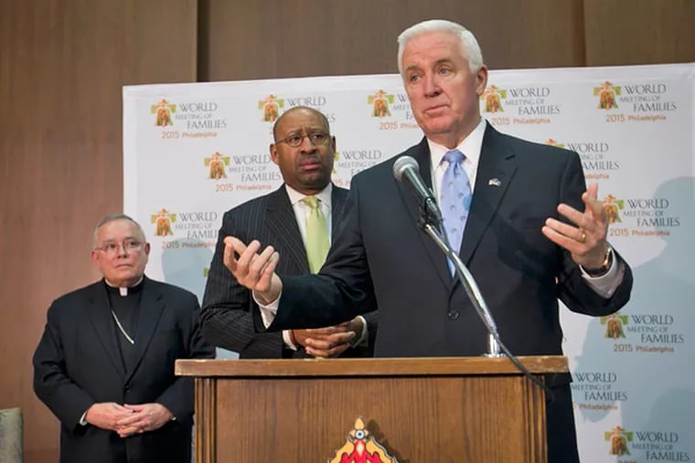 From right are Pennsylvania Governor Tom Corbett, Philadelphia Mayor Michael Nutter and Archbishop Charles J. Chaput. Photographs from press conference regarding the World Meeting of Families - Philadelphia 2015 held at the Archdiocese of Philadelphia at 17th and Vine St on Friday morning March 7, 2014. ( ALEJANDRO A. ALVAREZ / STAFF PHOTOGRAPHER )