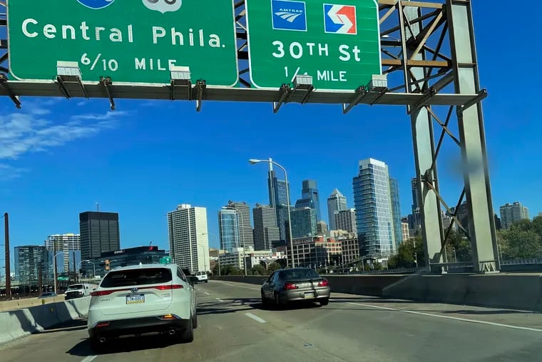 The Philadelphia skyline is seen from westbound I-76.