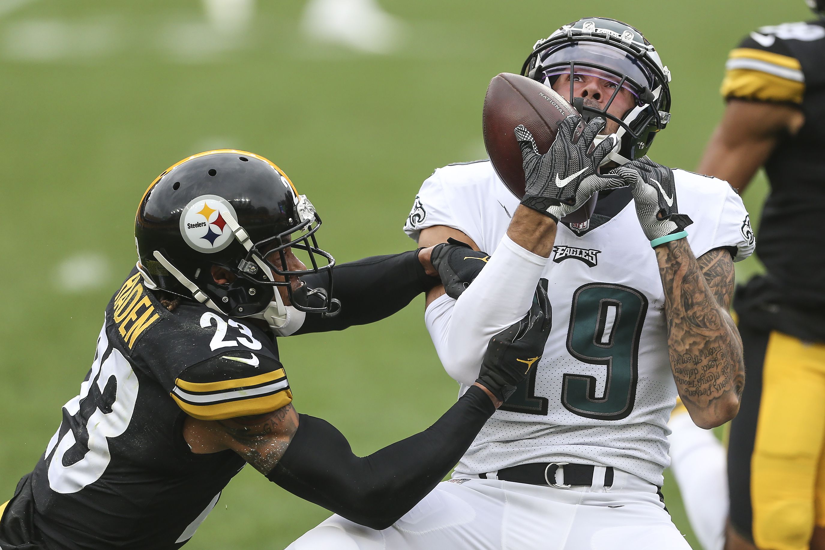 Philadelphia Eagles wide receiver Travis Fulgham (13) reacts after a 4-yard  touchdown reception during an NFL football game against the Pittsburgh  Steelers, Sunday, Oct. 11, 2020, in Pittsburgh. (AP Photo/Justin Berl Stock