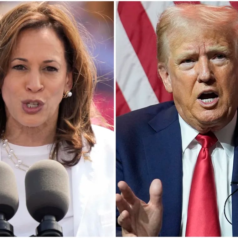 This combination of photos shows Vice President Kamala Harris, left, on Aug. 7, 2024 and Republican presidential candidate former President Donald Trump on July 31, 2024.