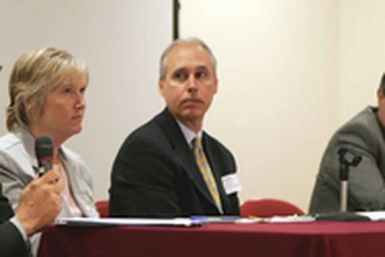 Speakers included (from left) Michael Jackson of Temple, director of graduate programs in sport and recreation administration; Peggy Kowalski of Penn; Rick Coe, deputy athletic director of the University at Albany; and St. Joseph&#0039;s Don DiJulia.