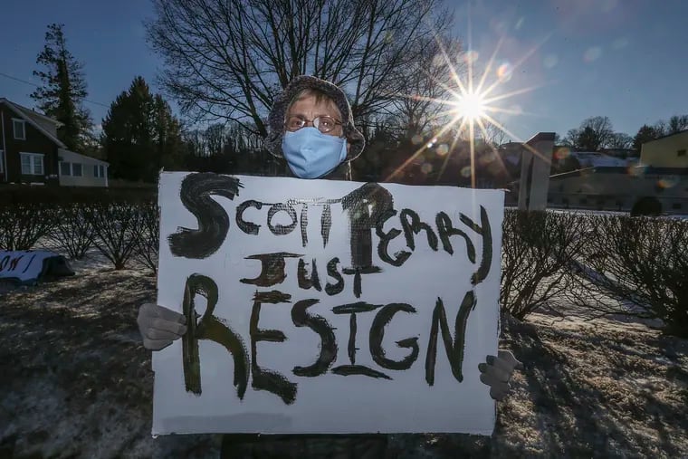 Pamela Hunter from Cumberland County protesting Rep. Scott Perry (R-Pa.), near his headquarters in Wormleysburg, Pa., Friday,  February 5, 2021.