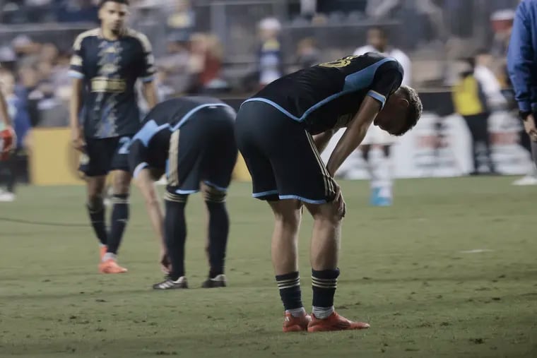 The reactions of Union players including Jack McGlynn (right) at the final whistle of Saturday's season-ending 2-1 loss to FC Cincinnati at Subaru Park.