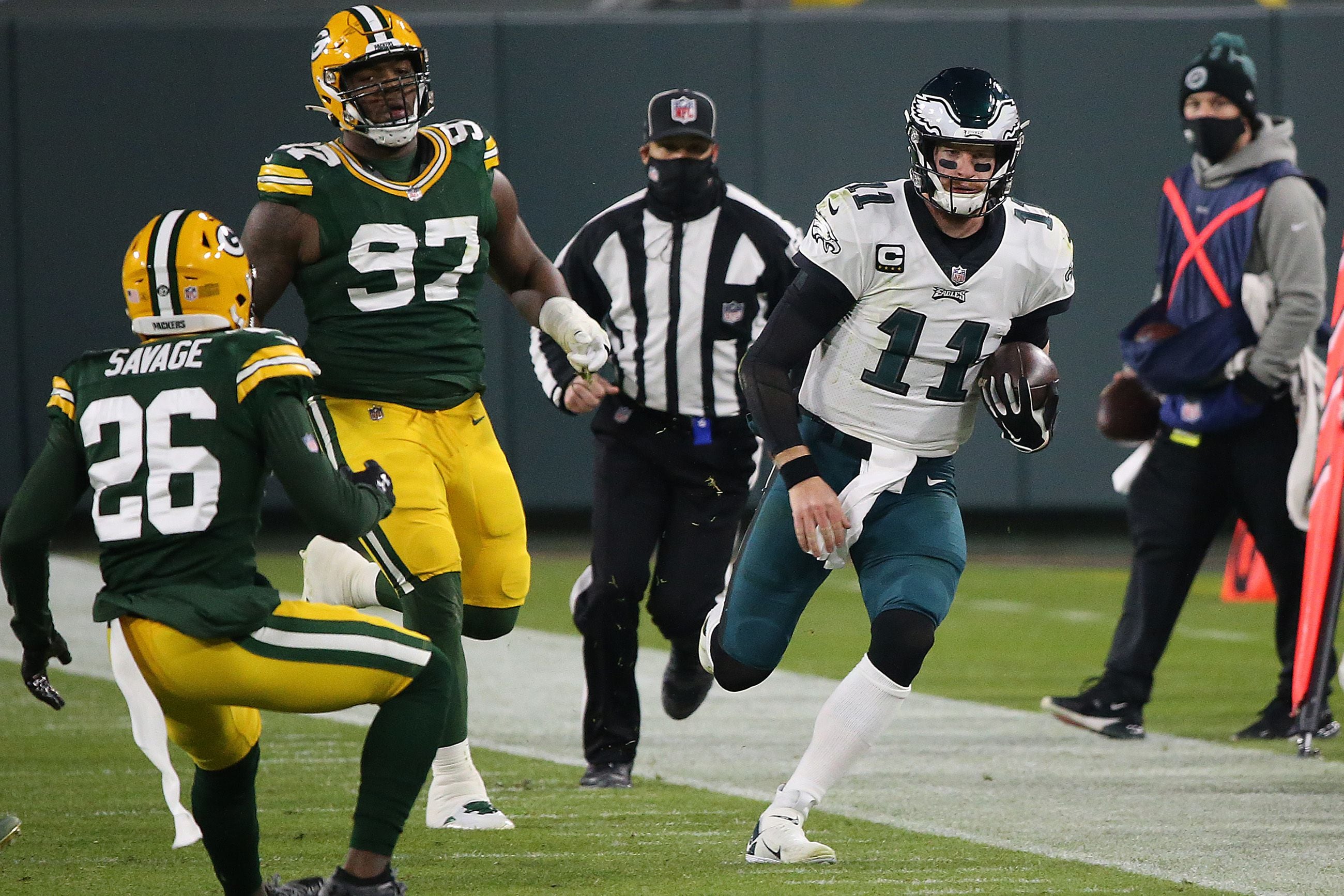 Philadelphia Eagles offensive tackle Jack Driscoll (63) reacts during the  second half of an NFL football