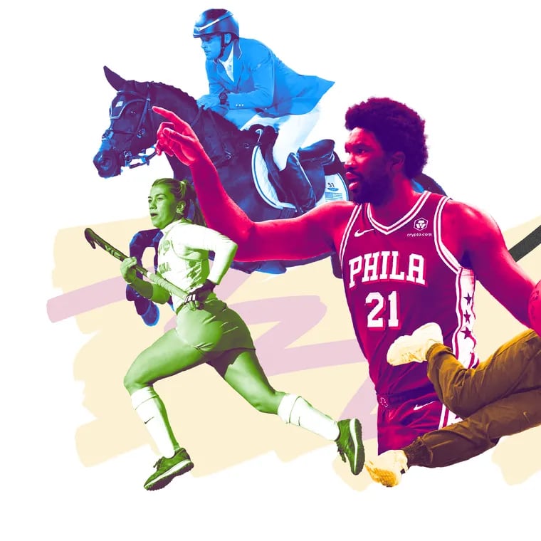 Photo collage of Ashley Sessa, Boyd Martin, Joel Embiid, and Sunny Choi — Philadelphia area athletes competing in the 2024 Summer Olympics in Paris
