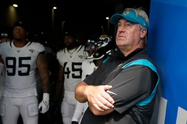 Jacksonville Jaguars head coach Doug Pederson will return to Philadelphia on Sunday for the first time since the Eagles fired him following the 2020 season. (AP Photo/Marcio Jose Sanchez)