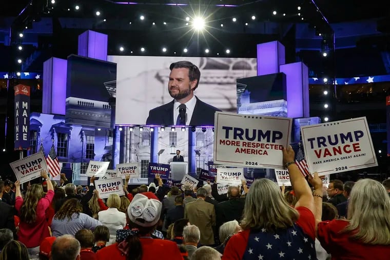 JD Vance addressing the crowd at the Republican National Convention in Milwaukee in July.