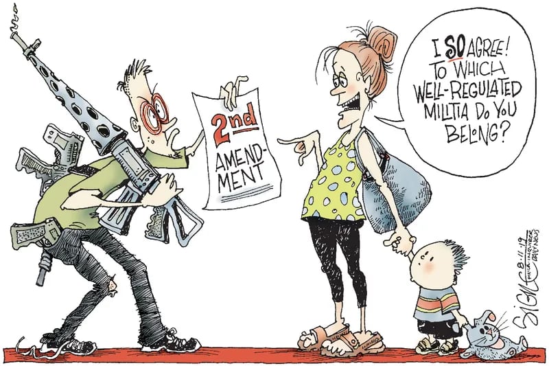 a person with red eyes and an untied shoe carrying at least 3 guns, two of which are assault rifles, approaches a woman with a small child. the person is brandishing a paper saying "second amendment". The woman says "i so agree! to which well-regulated militia do you belong?"