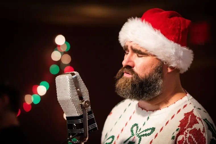 Former Philadelphia Eagles center Jason Kelce in a recording session for "A Philly Special Christmas Party," the third album of Christmas songs by Kelce with Eagles offensive linemen Jordan Mailata and Lane Johnson. The album will be released Nov. 29.