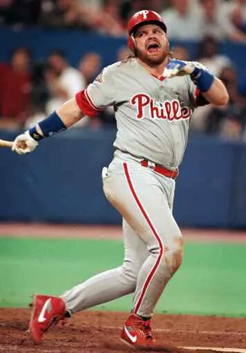 Closeup of Philadelphia Phillies John Kruk during game vs Chicago