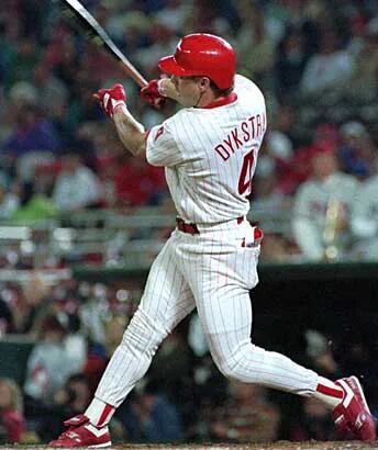 Outfielder Lenny Dykstra of the Philadelphia Phillies swings at