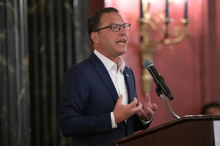 Gov. Josh Shapiro speaks during a Pennsylvania delegate breakfast on Monday at the Democratic National Convention. On Wednesday, he addressed the delegations from New Hampshire and two other states.