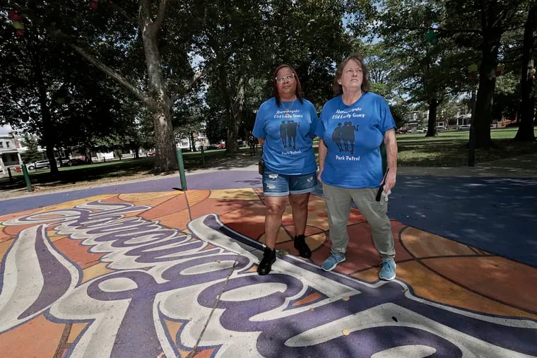 “Old Lady Gang” members Darlene Abner-Burton, 53, (left) and Sandy Wells, 70, in Harrowgate Park in Philadelphia.