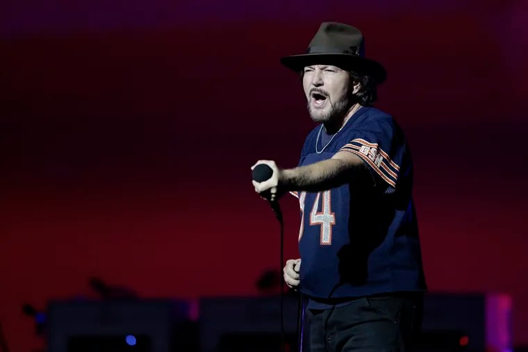 Eddie Vedder and Pearl Jam perform during their Dark Matter World Tour stop at Wells Fargo Center in Philadelphia on Saturday.