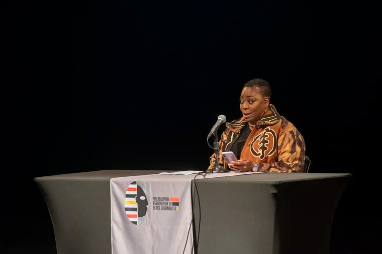 Andrea Lawful-Sanders asks a question during a 2019 Democratic mayoral forum held by the Philadelphia Association of Black Journalists